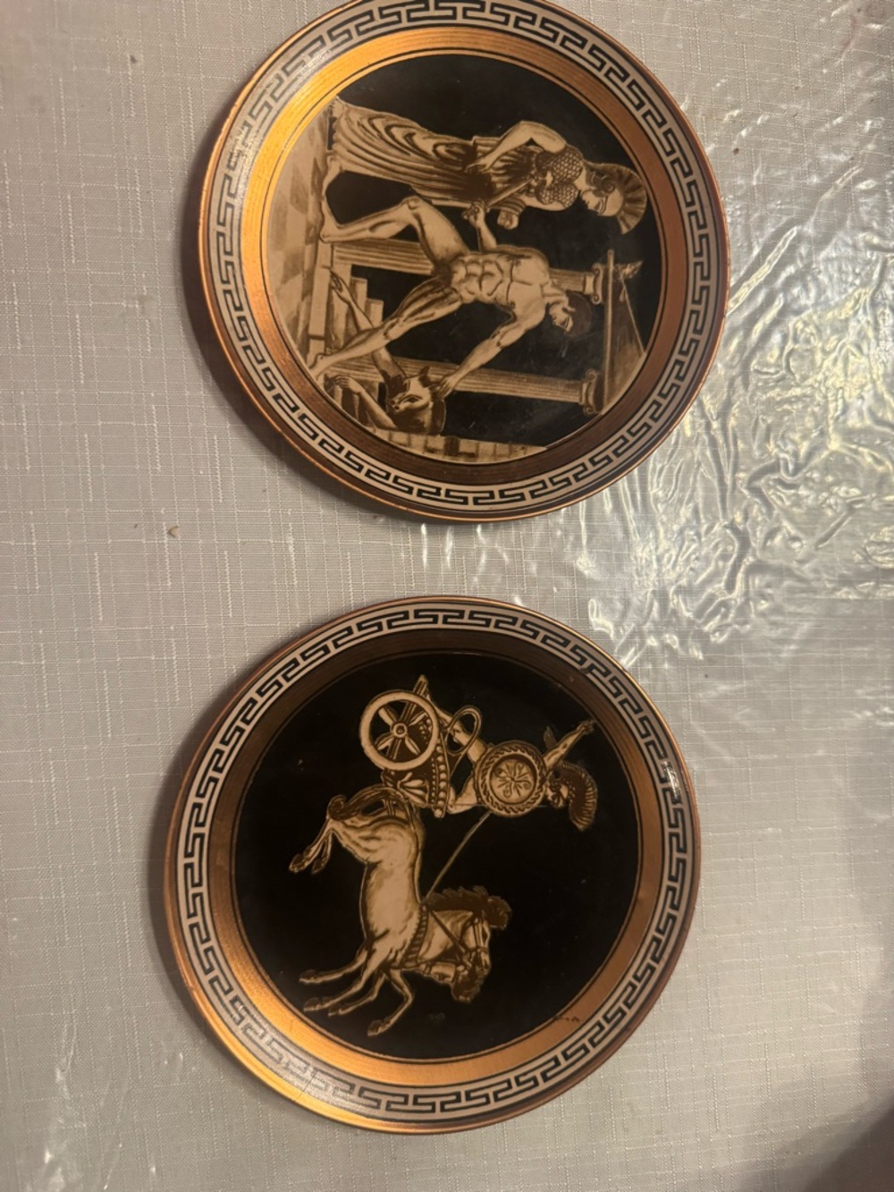 Vintage Greek Revival Black and Gold Decorative Copper like Plates- Set of 2